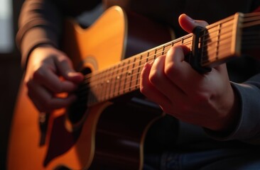 Fototapeta premium A person strumming an acoustic guitar indoors during the evening with warm lighting highlighting their hands and the instrument