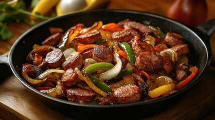 A skillet full of fried ham sausage, onions, and peppers, with golden-brown edges, ready to be served as part of a hearty meal.
