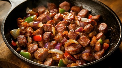 A skillet full of fried ham sausage, onions, and peppers, with golden-brown edges, ready to be served as part of a hearty meal.