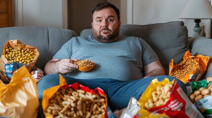 obese man sitting on a couch enjoying snack