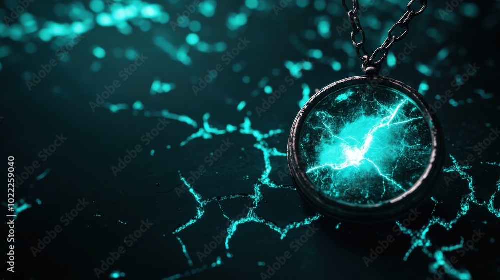 Poster A stunning pendant with glowing blue electric energy, on a dark background.