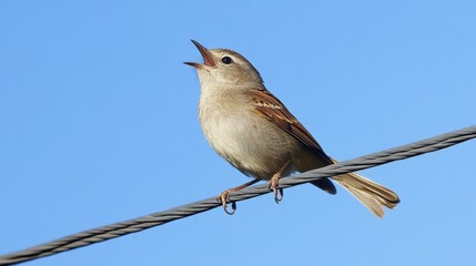 A striking image of a little bird singing on a power line, set against a clear blue sky.