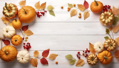 Autumn arrangement with pumpkins, golden leaves, and berries on a wooden surface celebrating falls beauty. Generative AI