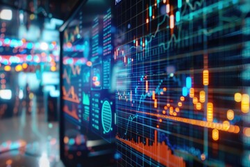 Holographic display showcasing AI-powered stock market analysis and new financial tools with real-time data