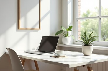 Fototapeta premium A bright and inviting workspace with a laptop, plants, and a cup of coffee near a window during the day