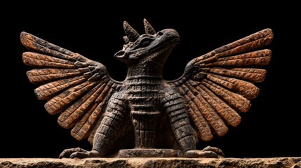 Fototapeta premium Ancient decorative statue of a mythical creature with wings and intricate details.