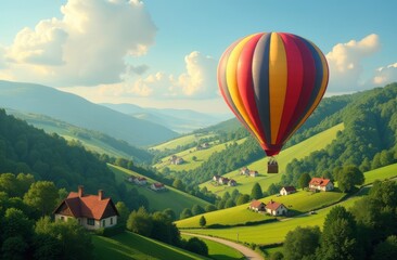 Fototapeta premium Colorful hot air balloon gliding over lush green hills and quaint countryside homes under a clear blue sky