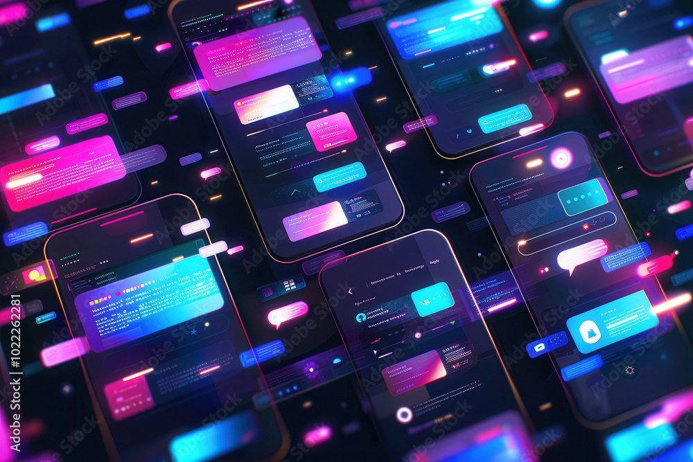 Aufkleber Multiple smartphone screens showcase vibrant stories and short videos, creating an immersive digital landscape of content. Generative AI
