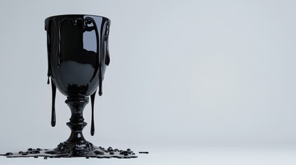 Black liquid drips from a decorative glass cup on a white background.
