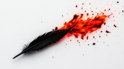 Black feather with red ink splatter on white isolated background.