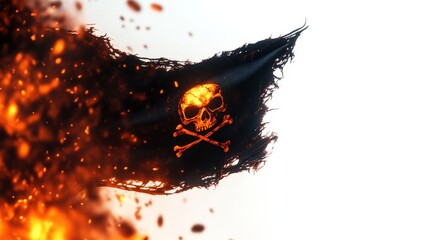 Burning pirate flag with skull symbol on white isolated background.