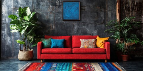 A modern Bohemian interior background with eclectic furniture, colorful textiles, and indoor plants, giving a vibrant and relaxed atmosphere full of personality