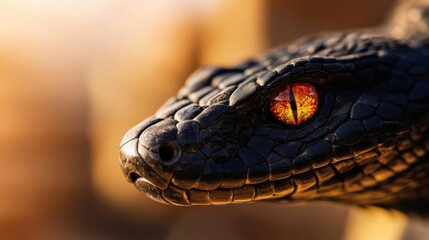 Obraz premium Close-up of a black snake with striking orange eye in natural habitat.