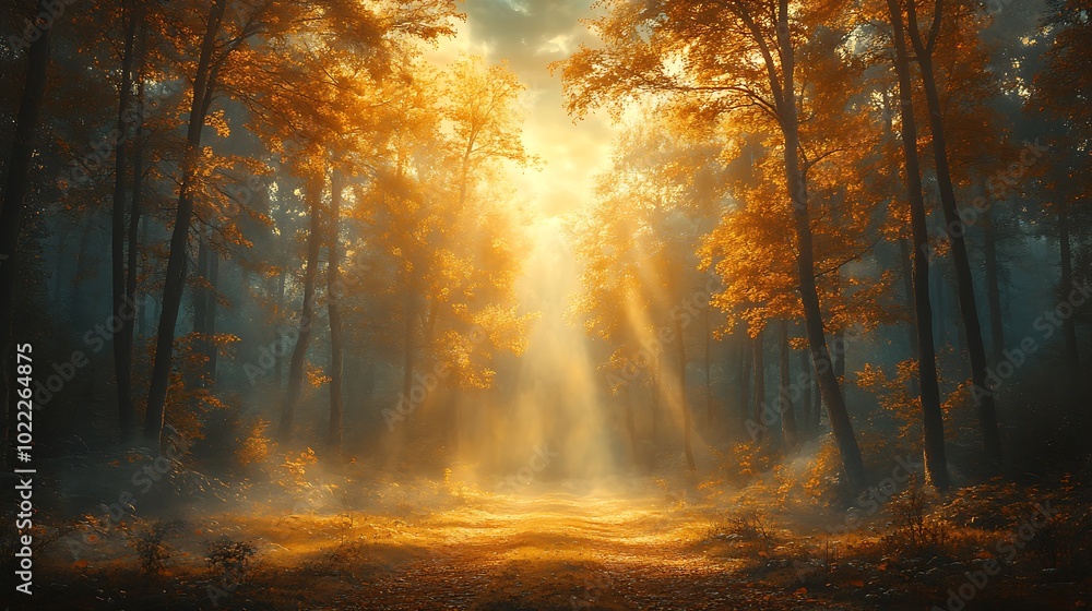 Poster sun rays breaking through the trees in a misty forest.