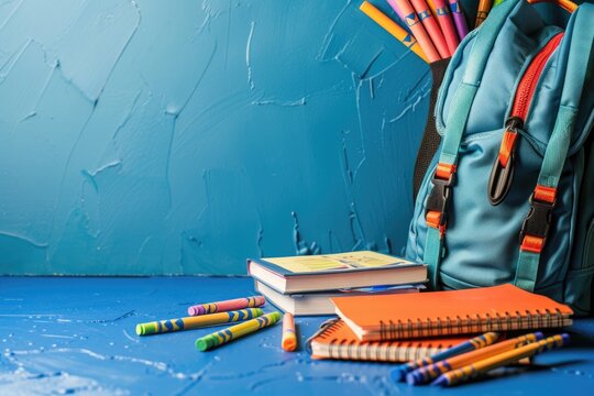 Education theme with books, crayons, and a backpack, back to school concept with copy space