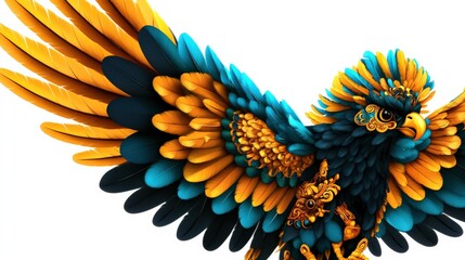 Obraz premium Colorful eagle flying with vibrant feathers against a white isolated background.