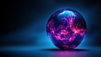 Colorful glowing orb with vibrant patterns on a dark background.