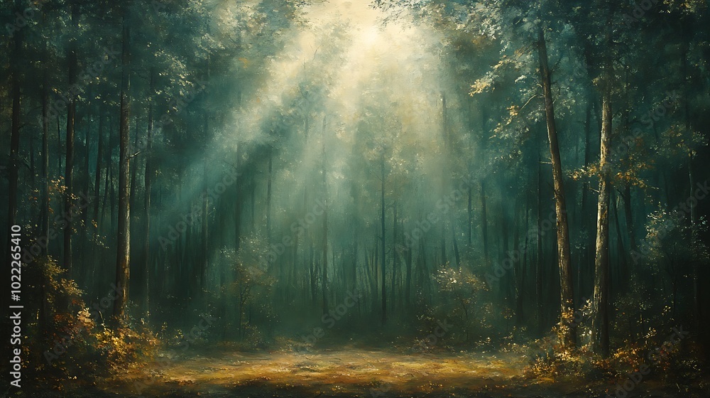 Poster sunlight streams through the trees in a dense forest.