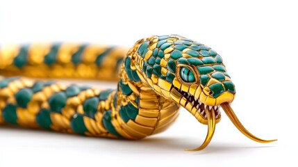 Obraz premium Colorful snake with green and yellow scales, white isolated background.
