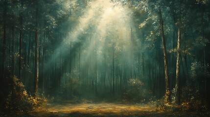 Fototapeta premium Sunlight streams through the trees in a dense forest.