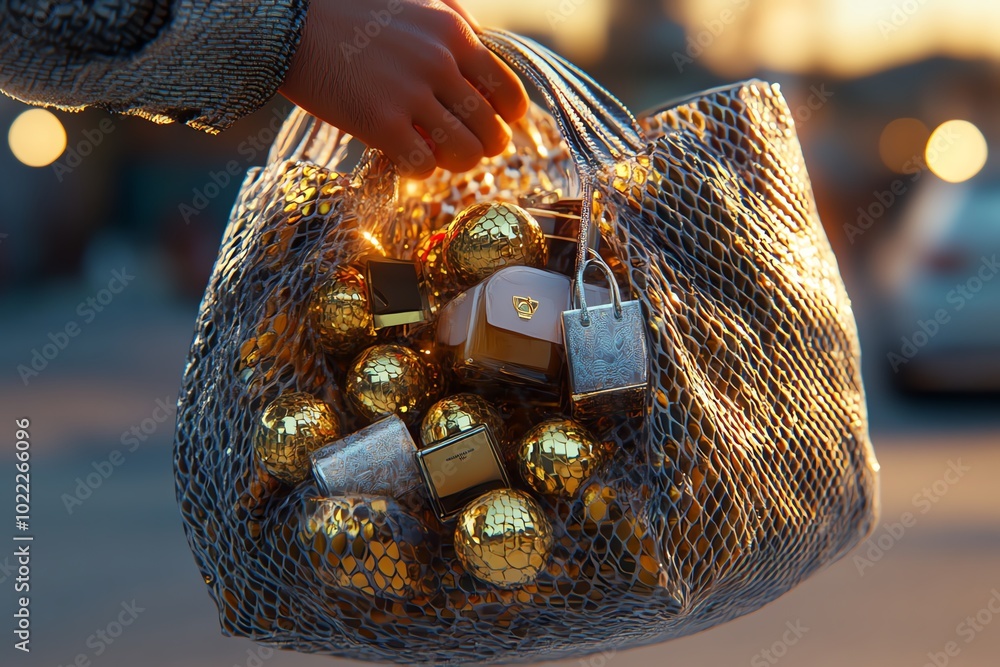 Poster hyper-realistic close-up of a hand grabbing a shopping bag filled with luxury items, with intricate 