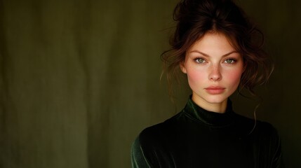 ファッション誌の編集用に、ダークグリーンのベルベットを着た自信に満ちた女性のエレガントなポートレート