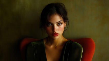 Naklejka premium ファッションとデジタルメディア向けのダークグリーンのシルクを着た女性のエレガントなポートレート