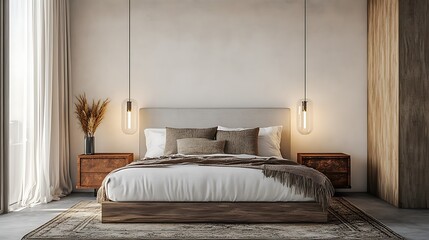 Modern Minimalist Bedroom with Wooden Accents and a Plush Bed