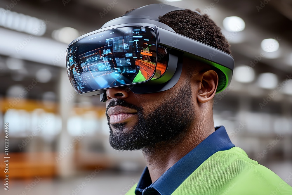 Aufkleber hyper-realistic close-up of a worker using an augmented reality headset to interact with a digital w