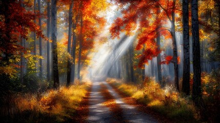 Fototapeta premium Peaceful autumn forest path with warm sunlight filtering through the vibrant colorful foliage creating a serene and enchanting natural landscape