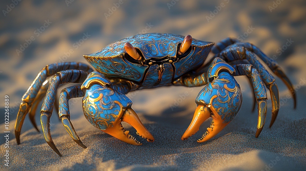 Poster ornately designed crab with intricate patterns on sandy surface.