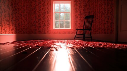 Fototapeta premium Empty room with a wooden floor, sunlight streaming through a window, and a lonely chair.