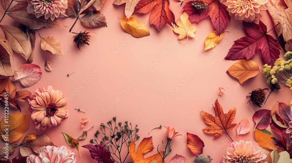 Canvas Prints Warm autumn leaves and blooming flowers in vivid colors form a beautiful arrangement, celebrating the beauty of fall in nature. Generative AI