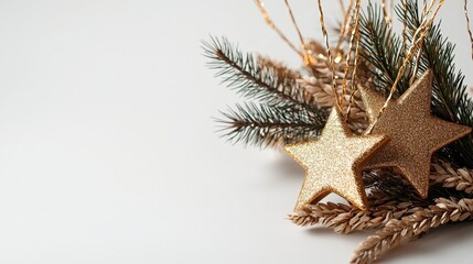 Festive Golden Stars with Pine and Wheat on White Background