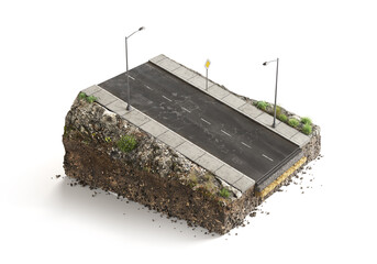 pieces of road. Can see road structure. 3d illustration	