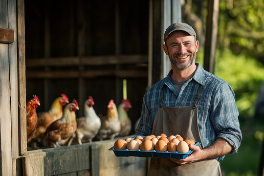 A smiling farmer standing in front of a chicken barn, holding a tray of fresh eggs