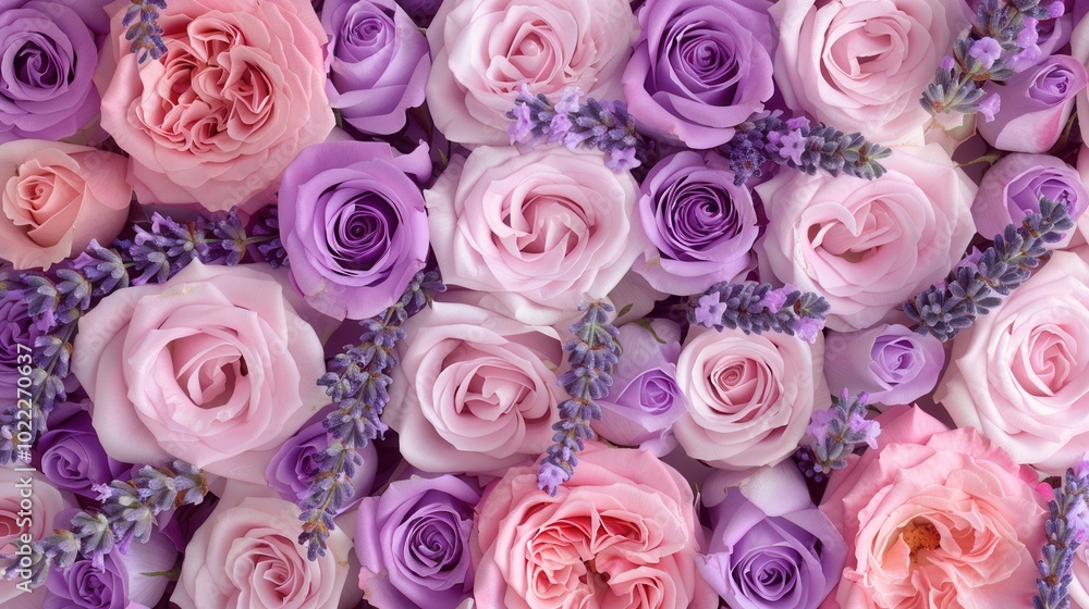 Poster Delicate pink roses blend with fragrant lavender, creating a serene floral display that captivates with its vibrant colors and textures. Generative AI