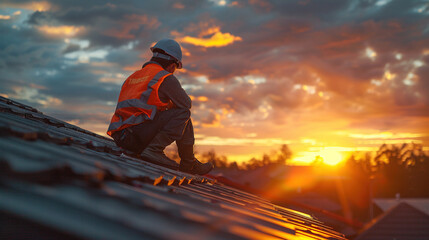 A roofer working on the roof with sunset view background