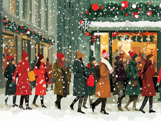 A bustling city street scene featuring diverse people in various winter outfits--coats, scarves, and hats--walking past storefronts decorated for the holiday season
