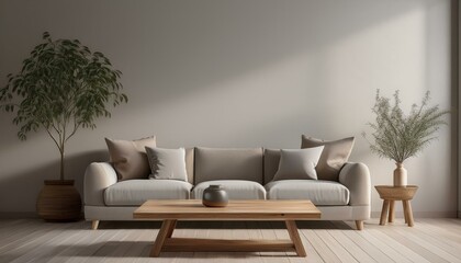 a simple grey couch, a light wood coffee table, and a large empty wall behind the seating ar