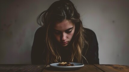 Woman with long hair sitting at a dimly lit table, looking down at a nearly empty plate, evoking a moody and contemplative atmosphere, symbolizing anorexia
