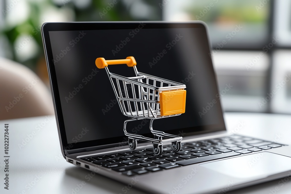 Aufkleber Minimalist depiction of a laptop with a shopping cart icon on the screen, capturing the essence of e-commerce in soft lines and simple colors