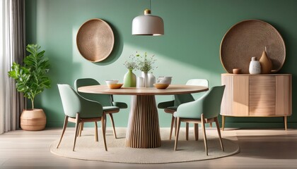 Mint-green chairs surrounding a round wooden dining table, set in a Scandinavian-designed ro