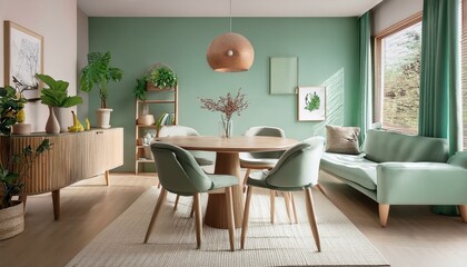 Scandinavian home interior with a mint and wood theme, showcasing mint-colored chairs around