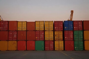 Fototapeta premium Colorful Shipping Containers Stacked in an Industrial Storage