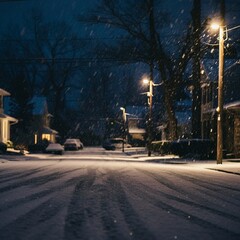 Snowflakes falling softly on a quiet street