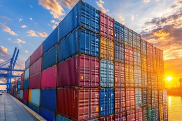 Fototapeta premium Colorful Shipping Containers Stacked in an Industrial Storage