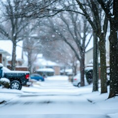 Snowflakes falling softly on a quiet street