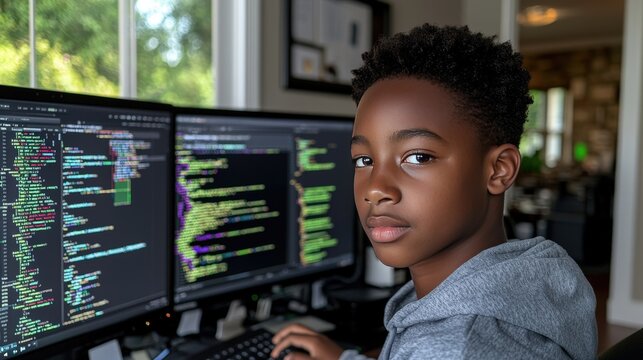 Young Black Boy Coding on Computer  Digital Skills  STEM Education