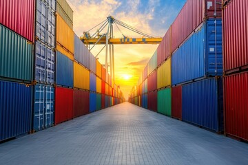 Fototapeta premium Colorful Shipping Containers Stacked in an Industrial Storage